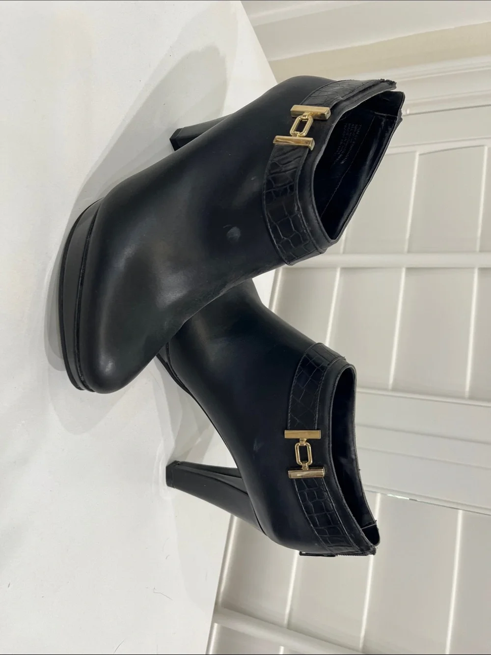 East 5th Black Croc-Trim Ankle Booties with Gold Hardware